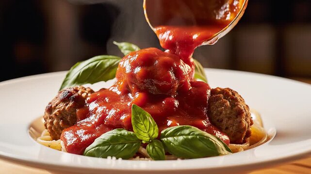 Meatballs being smothered in tomato sauce.
