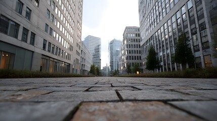 Naklejka premium A deep low angle perspective down a deserted urban walkway lined with towering modern glass buildings under diffused daylight