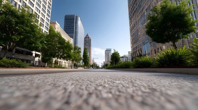 A low angle perspective looking down a wide urban street flanked by lush trees and modern skyscrapers under a clear blue sky