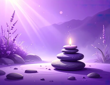 escena solo en color violeta, un grupo de piedras de apiladas de mayor a menor tama&ntilde;o en la esquina derecha inferior sostienen una llama de fuego, desde arriba destellos de luz , ambiente natural