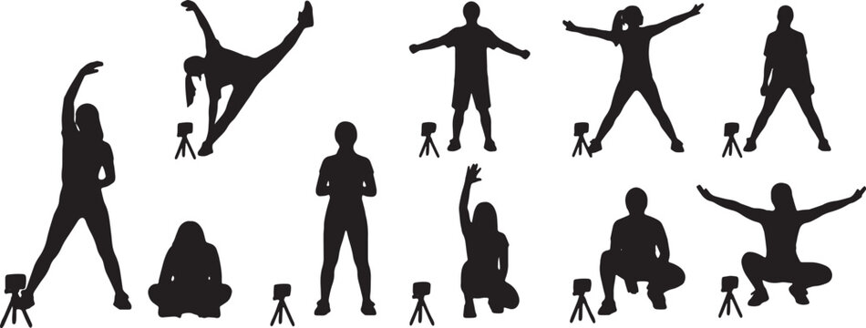 Black Solid Fitness Workout Stream Setup Silhouettes Set of Six on White Background