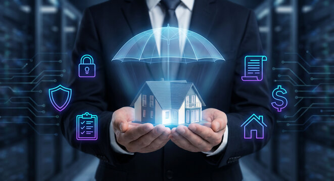Businessman holding a glowing house with a protective shield isolated on transparent background