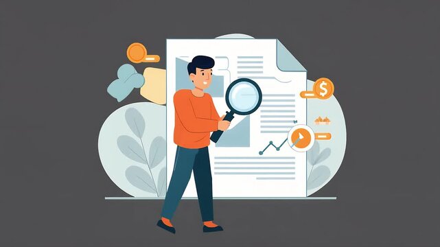 Professional Document Audit and Financial Analysis Concept with Male Character Using Magnifying Glass for Business Inspection