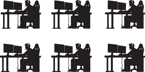 Black Solid PC Gaming Streamer Setup Silhouettes Set of Six on White Background © Lubna