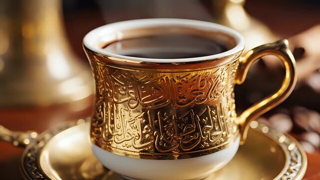 Exquisite Golden Cup of Turkish Coffee on a Decorative Saucer.