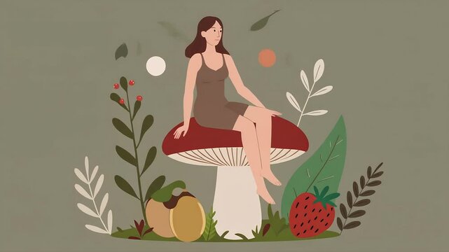 Minimalist Vector Illustration of a Young Woman Sitting on a Giant Mushroom Surrounded by Whimsical Forest Plants and Fruits