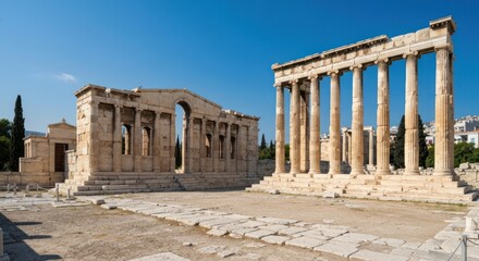Obraz premium Ancient ruins of classical structures with columns and arch under a blue sky