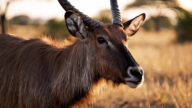 A close-up profile of a waterbuck with impressive curved horns in its natural habitat.