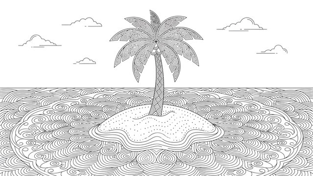 Intricate Mandala Palm Tree Island Line Art Adult Coloring Page Vector