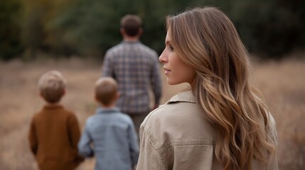 Fototapeta premium A warm candid portrait of a woman standing in a natural field overlooking the scene with her family in the blurred background