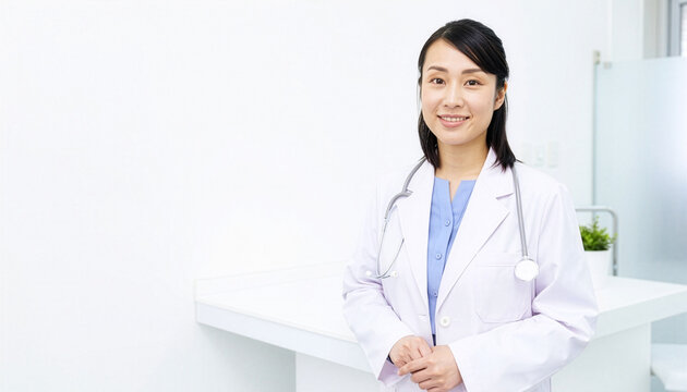 Smiling Asian female doctor in white coat at clinic, portrait of medical staff with stethoscope　クリニックで微笑む白衣のアジア人女性医師、聴診器と医療スタッフのポートレート