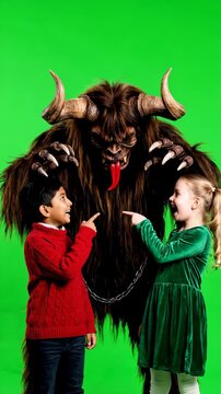 Scared Children Encounter Krampus Monster on Green Screen.