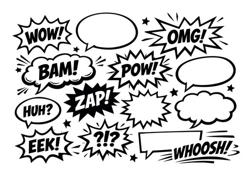 Comic book-style elements featuring pop art speech bubbles, exclamations, and sound effects for dynamic designs
