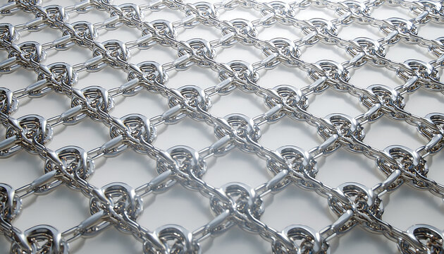 A close-up view of a metal chain link mesh on a white background