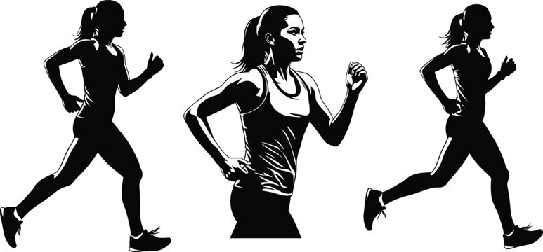 Female Running Silhouette Vector Illustration Featuring Woman Jogging in Side View and Dynamic Poses for Fitness Training Sport Activity and Healthy Lifestyle Design
