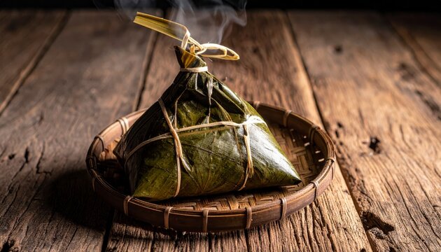 Steaming sticky rice parcel wrapped in lotus leaf, tied with string, served on a rustic wooden table