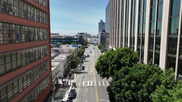 Los Angeles, California, USA - Aerial Drone View of Downtown Los Angeles Fashion District with Residential Apartments, Commercial Buildings and Busy Streets with Traffic