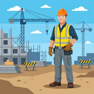 Construction Worker at a Busy Construction Site With Machinery and Building Structures Under a Clear Blue Sky