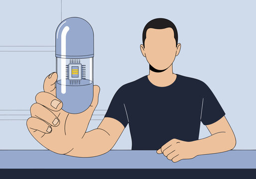 A man holds a futuristic smart pill monitor, showcasing advanced biological monitoring technology. Clean, modern illustration with a professional feel.