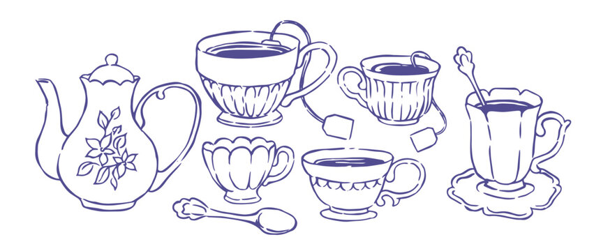 a set of illustrations in the style of hand drawing  of vintage tea party. whimsical ink doodles.