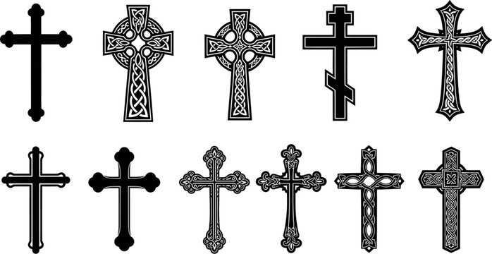 Collection of various cross symbols and Celtic crosses on white background