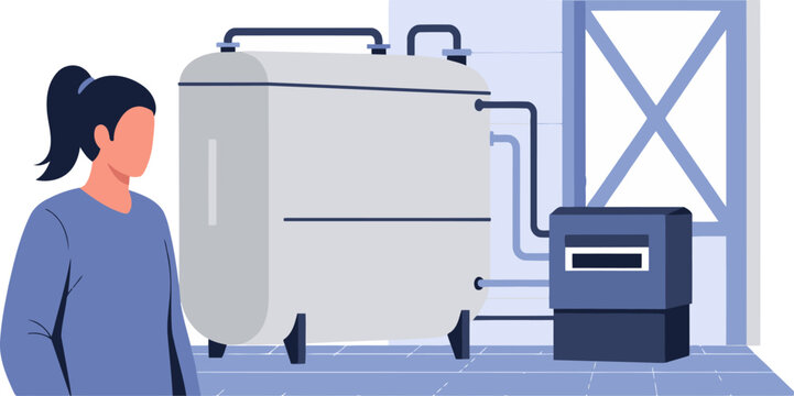 A professional woman observes a bio scrubber carbon filtration system in a modern industrial setting. Clean lines and a focused composition highlight the technology.