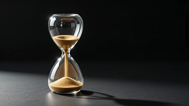 Elegant hourglass with golden sand against a dark background, symbolizing time and patience Concept
