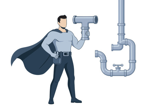A superhero plumber confidently holds a pipe fitting, symbolizing plumbing expertise. Bold illustration style, perfect for commercial use.