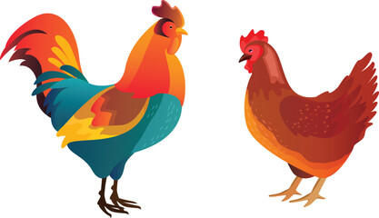 Colorful rooster and brown hen vector illustration isolated on transparent background © Barca
