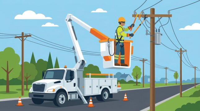Lineman Works on Electrical Lines Using a Bucket Truck on a Sunny Day in a Suburban Area