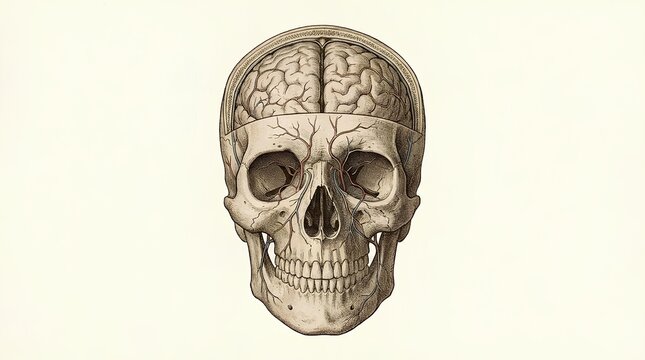 half skull cross section with exposed brain and vascular structures vintage medical illustration