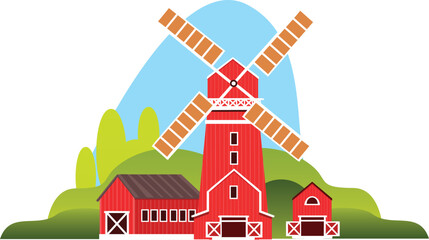 A classic farm windmill with barns isolated on transparent background © Barca