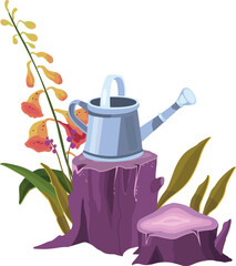 Watering can on a tree stump with flowers isolated on transparent background © Barca