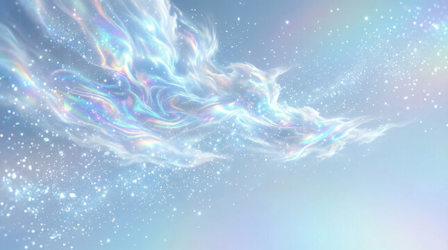 Abstract ethereal background with iridescent holographic clouds and magical silver sparkles