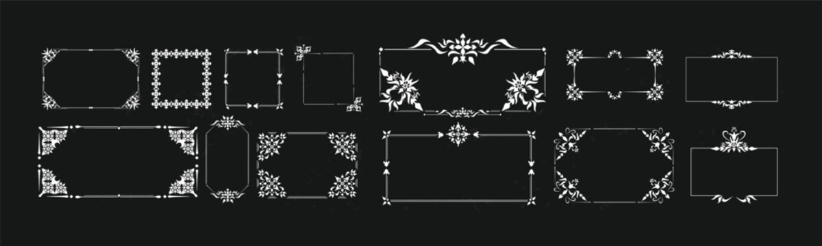 Chalkboard frame set hand drawn border collection. Includes square rectangle scallop wavy dotted dashed sketch frames for menu poster label signage and classroom design. Rustic chalk style vector pack