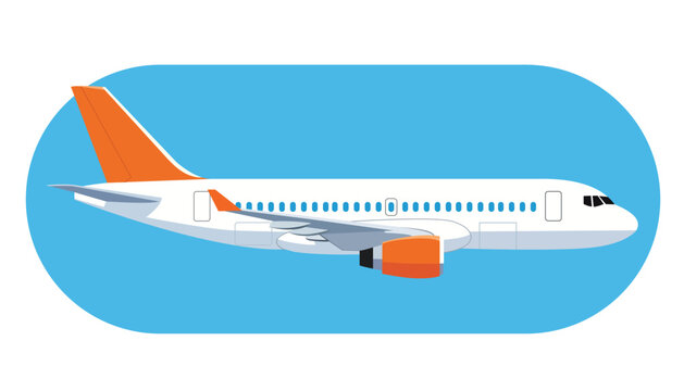 Passenger airplane taking off, isolated on blue background, side view. modern aircraft with orange tail fin.