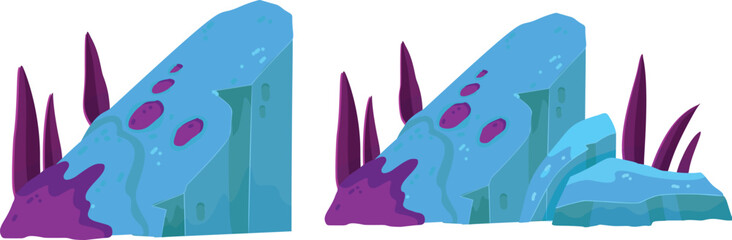 Stylized fantasy blue rocks and purple alien vegetation isolated on transparent background © Barca