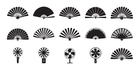 Set of folding fan icons, handheld accessories for cooling and decoration, traditional oriental items for comfort. © Monoara