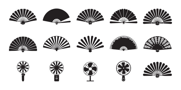 Set of folding fan icons, handheld accessories for cooling and decoration, traditional oriental items for comfort.