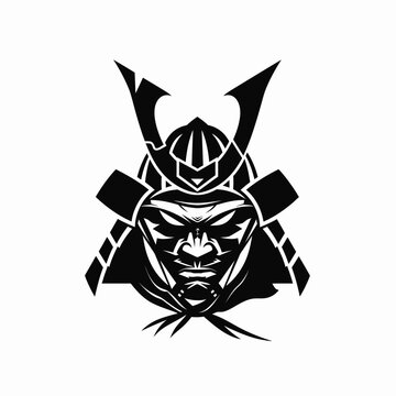 Powerful Japanese Samurai Warrior Helmet and Fierce Mask Illustration in Black and White Graphic Style