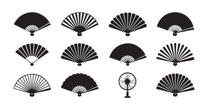 Collection of black silhouette folding hand fans on white background vector illustration.