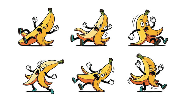 Cartoon banana character series illustrating actions and emotions