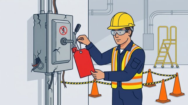 Worker Secures Danger Tag on Electrical Panel in Workplace During Safety Inspection Process
