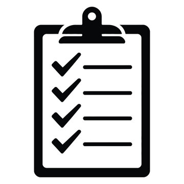 A simple black icon depicting a clipboard with checkmarks on lined paper silhouette