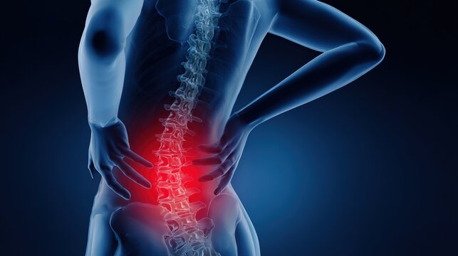 Sciatica medical condition overview featuring radiating nerve pain originating from lumbar spine compression, affecting lower back, hip, buttock, thigh and leg regions. Common symptoms include numbnes