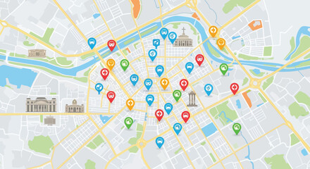Fototapeta premium A detailed map of a city with various colorful location markers and landmarks