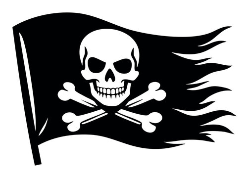 Pirate flag with skull and crossed bones design, representing danger, freedom, adventure, and lawlessness on a tattered banner