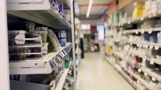 Empty supermarket aisle with a variety of products on display shelves, featuring a blurred background that highlights the depth of the retail space and the abundance of choice for shoppers