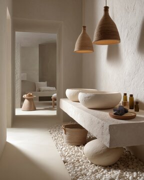 Serene Spa Interior: An inviting spa space, featuring earthy tones, ambient lighting, and minimalist design elements. A calming and luxurious sanctuary, promoting relaxation and well-being.