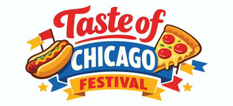 Taste of Chicago festival logo with juicy hotdog, cheesy pizza slice, colorful flags and ribbons, capturing city street food celebration, local flavor, summer fun and party atmosphere